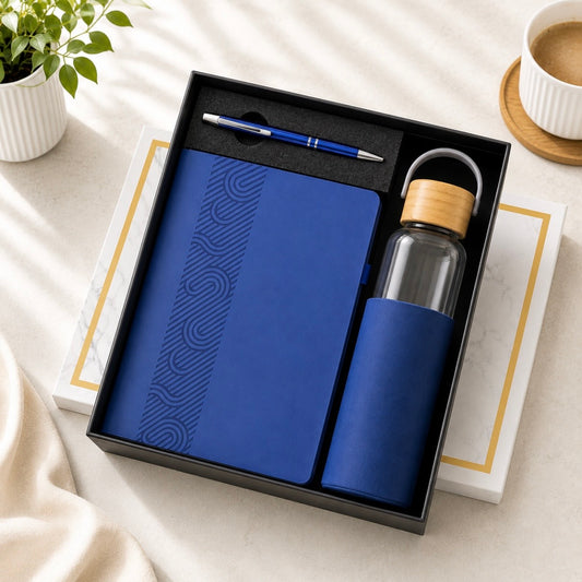 Premium Executive 3-in-1 Gift Set with Diary, Glass Bottle & Metal Pen