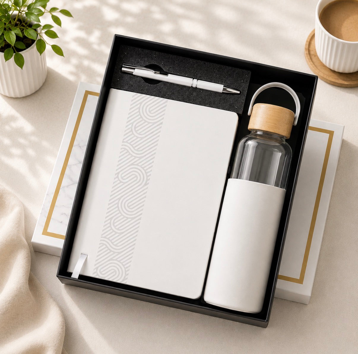 Premium Executive 3-in-1 Gift Set with Diary, Glass Bottle & Metal Pen