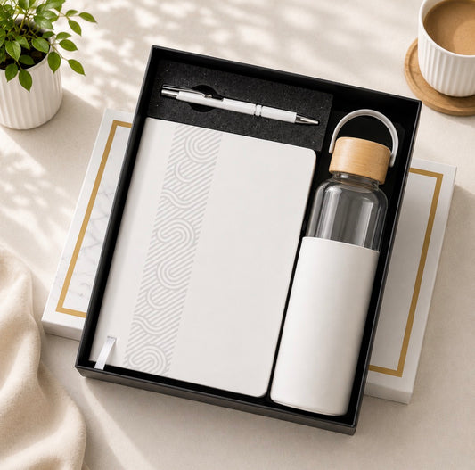 Premium Executive 3-in-1 Gift Set with Diary, Glass Bottle & Metal Pen